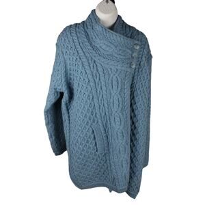 Aran Crafts Wool Button Cardigan Sweater Womens XXL Cable Knit Blue Merino Wool